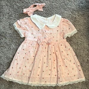 Pink Strawberry Dress with White Collar and Matching Headband!